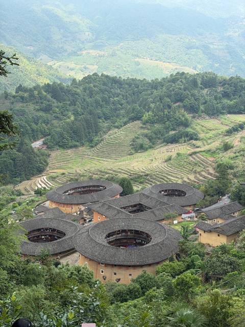 Aerial view of circular Hakka Tulou earth buildings amid terraced hills and pine forests.