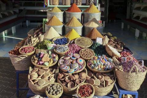 Neatly arranged spices, pigments and natural products in Moroccan market