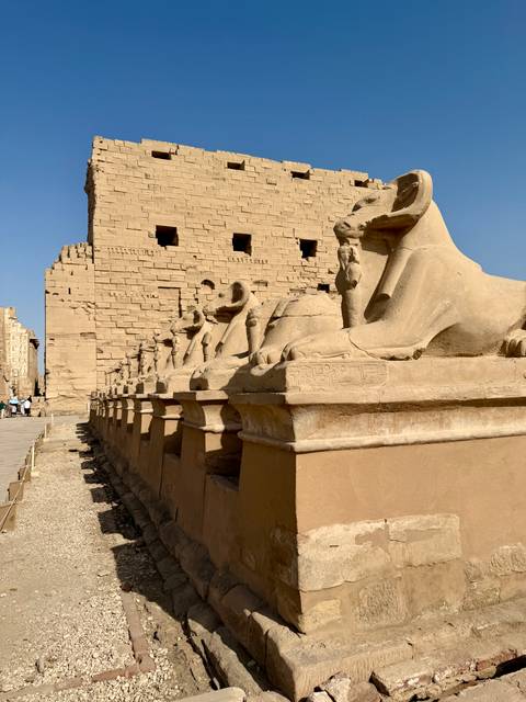 Line of ram-headed sphinx statues guarding the entrance of an Egyptian temple complex