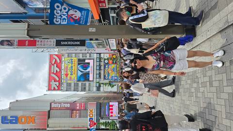 Woman poses on busy Akihabara street lined with colourful billboards and crowds in Tokyo.