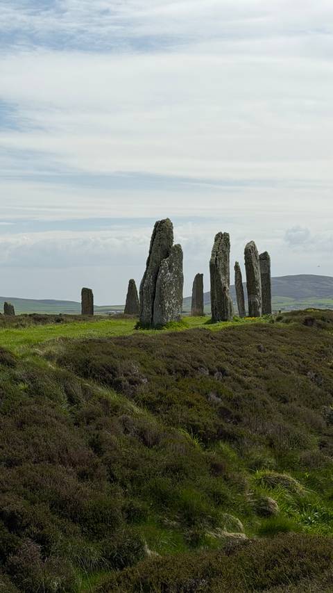 Ancient standing stones rising from heathland with rolling hills in the background