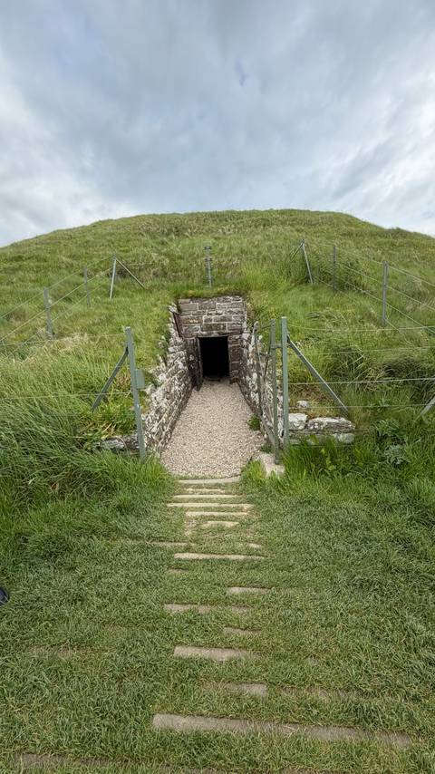 Stone passageway entrance descending into a grassy mound tomb lined with metal fencing