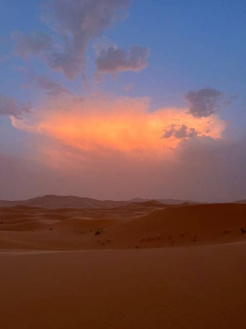 Soft pink and orange clouds light up the sky over rolling sand dunes at dusk