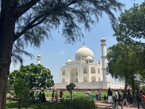 Framed by trees, the Taj Mahal gleams white against a clear sky while visitors relax on the lawns.