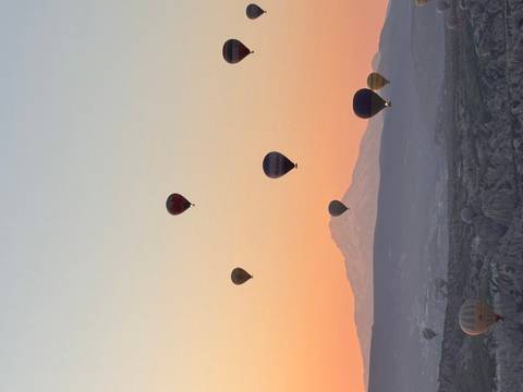 Several colorful hot-air balloons drift above a rocky valley at dawn with a snow-capped mountain silhouetted against a pastel sky.