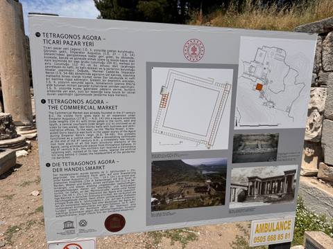 Informational signboard detailing the layout and history of an ancient agora site, with text in multiple languages and diagrams.