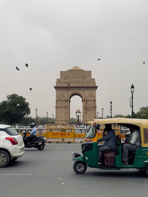 India Gate stands tall amid grey skies, traffic and flying birds in New Delhi
