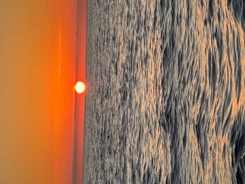 Brilliant orange sun touching the horizon over gently rippling open sea.