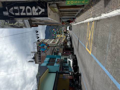 A small town street decorated with hanging flags and a Viva Banos sign, lined with colorful low-rise buildings and parked cars.