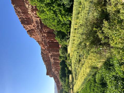 Red sandstone cliffs towering above green fields and shrubs under clear sky.