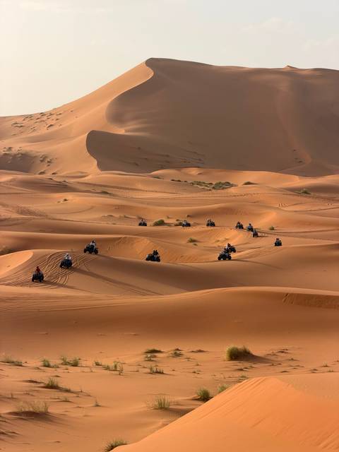 Dozens of riders on quad bikes carving tracks across rolling golden sand dunes under overcast light.