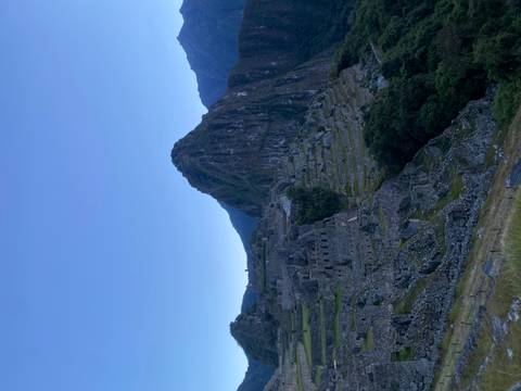 Iconic stone terraces and steep peak of Machu Picchu in early morning blue light.