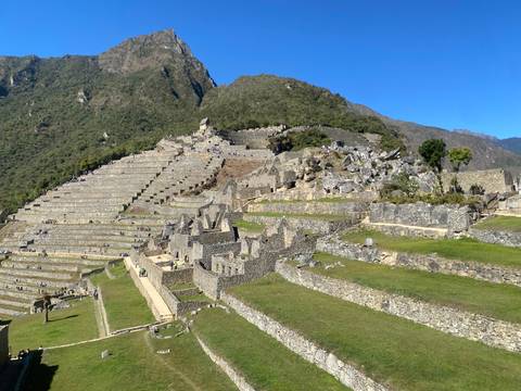 Stone terraces and ruins of Machu Picchu sprawling across a green mountainside.