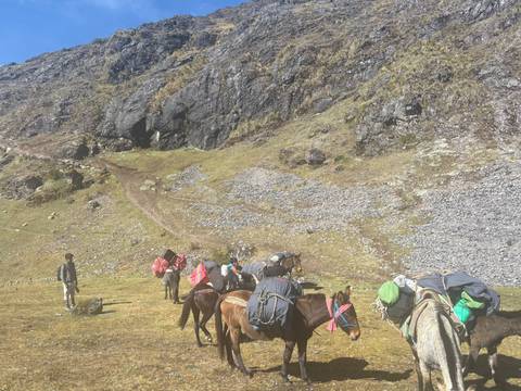 Trekkers and pack horses pause on a grassy Andean slope beneath rocky cliffs, loading gear for the journey.