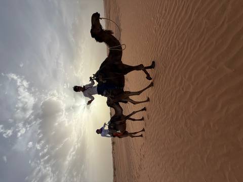 Two riders atop camels trek across rippled sand with hazy sun overhead