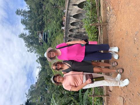 Travelers standing near the Nine Arches Bridge surrounded by jungle at Ella