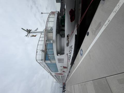 White A-Rosa Aqua river cruise ship docked at a concrete pier under grey skies