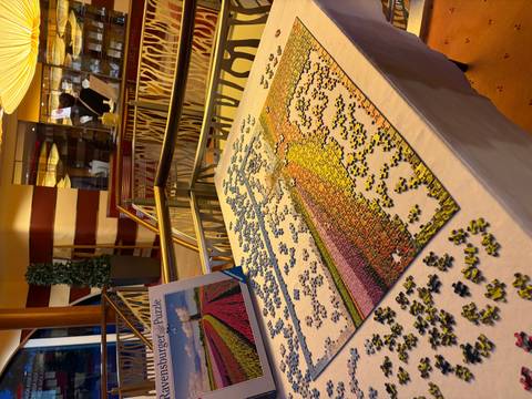 Partially completed jigsaw puzzle of colourful tulip fields laid out on a table inside a lounge area.