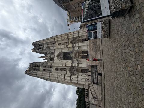 Imposing Gothic façade of St. Michael and St. Gudula Cathedral rising into a dramatic cloudy sky, visitors standing on the broad steps.