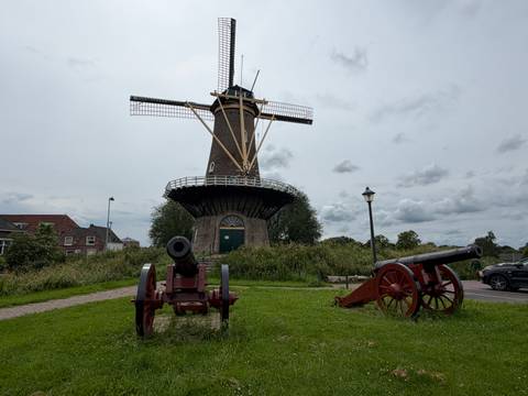 Historic Dutch windmill surrounded by grassy field and two old cannons pointing outward under a grey sky.