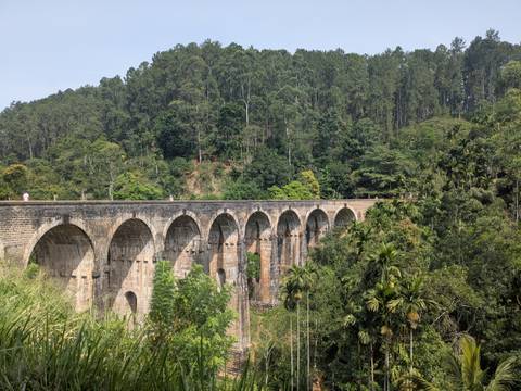 Historic Nine Arches Bridge spans a deep wooded valley surrounded by tall forest