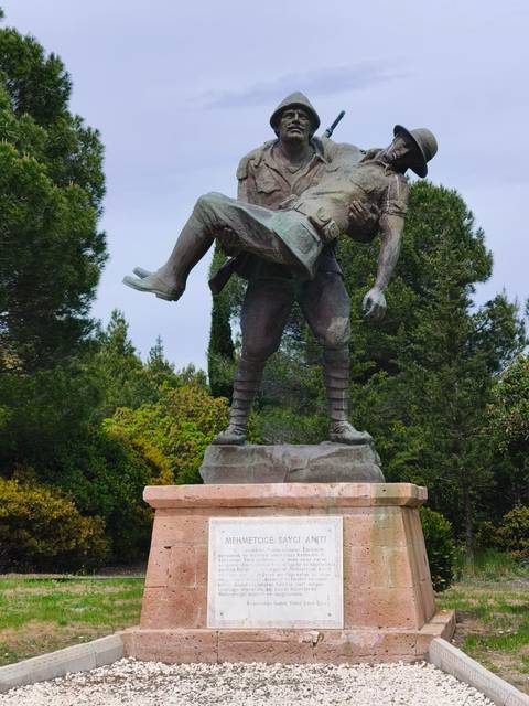 Bronze statue of a soldier carrying a comrade stands among evergreen trees.