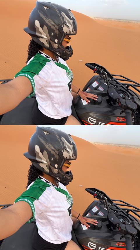 Split image shows rider on an ATV and a desert helmet against rolling dunes, poorly framed.
