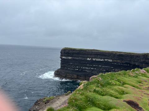Sheer layered sea stack juts into grey Atlantic waters under an overcast sky with pink wildflowers in the foreground.