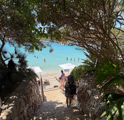 People swimming in a sheltered cove with bright turquoise water framed by foliage