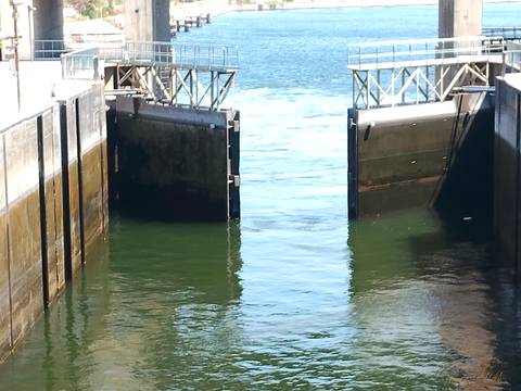 Open lock gates with still blue water leading to a river or canal under bright sun