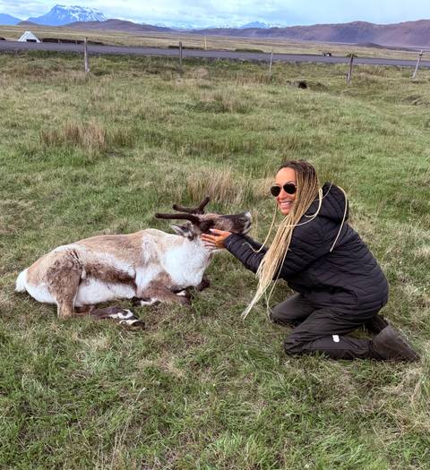 Traveler kneeling on grass while stroking a relaxed reindeer