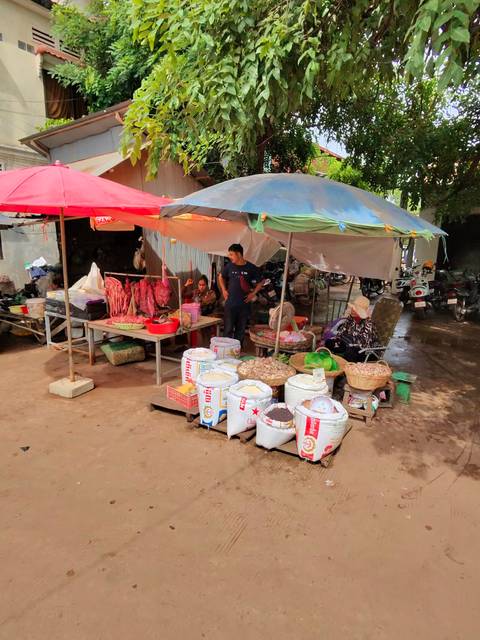 Open-air meat and grain stall under colorful umbrellas at a Cambodian market