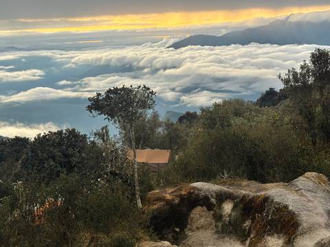 Elevated cloud forest campsite above blanket of clouds with Andean peaks in distance.