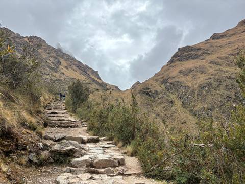Steep stone steps of Inca Trail winding through rugged mountain pass under gray sky.