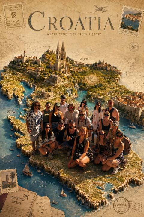Large tour group poses in front of an illustrated map of Croatia’s coastline and islands.
