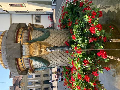 Decorative city fountain with lion-face spout, ornate column and bright red flowers around the basin