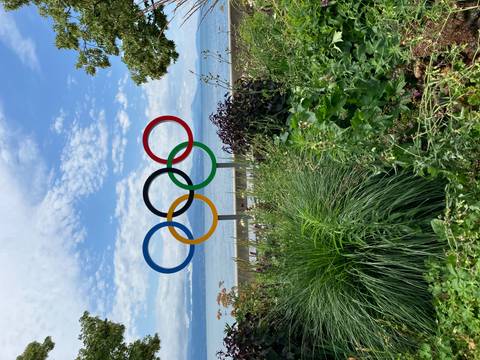 Large Olympic rings sculpture beside a lake with plants and distant mountains under scattered clouds