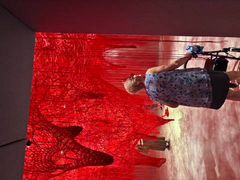 Visitor observing an immersive red string art installation inside a contemporary gallery.
