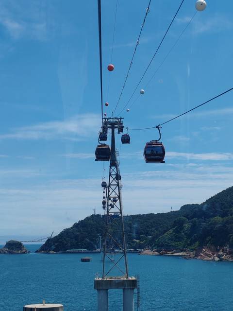 Colorful gondola cable cars glide above forested hills and sea under a bright blue sky.