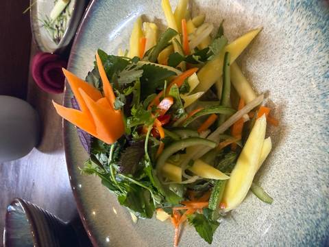 Colorful Vietnamese mango and herb salad neatly arranged on a ceramic plate.