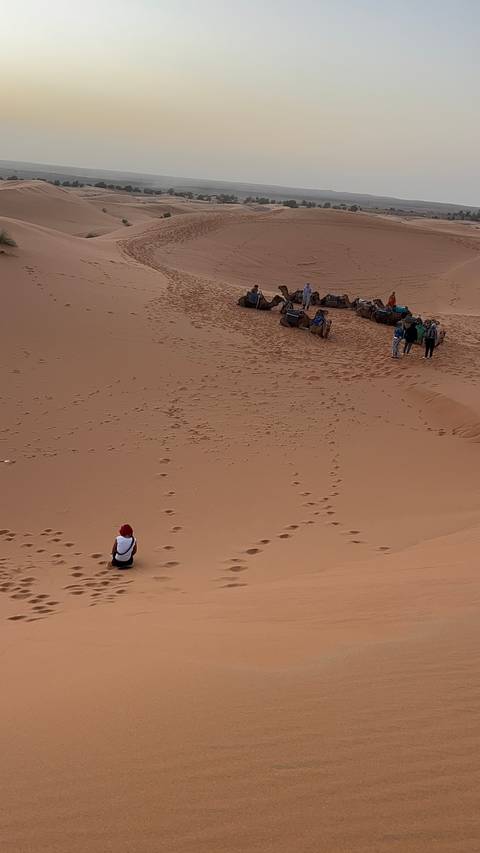 A solitary traveler stands in vast sand while camels and guides rest together in the distance.