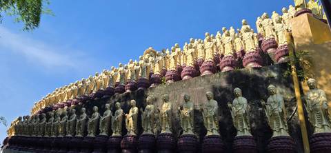 Rows of golden Buddha statues lined up against a blue sky in a temple complex