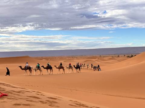 Long camel caravan led by a guide traverses high golden dunes under a dramatic partly cloudy sky.