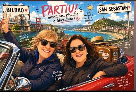 Two smiling women in sunglasses pose in front of a colourful illustrated car backdrop featuring Bilbao and San Sebastian.