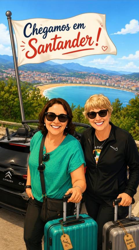Stylised image of two women posing by a convertible overlooking a turquoise bay.