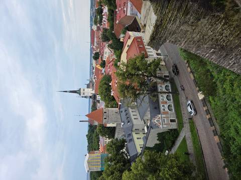 Panoramic view over Tallinn’s red-roofed Old Town with church spires and the sea beyond.