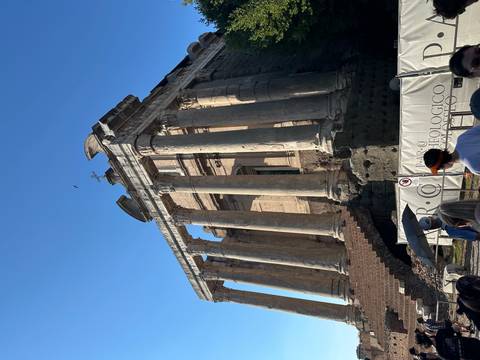 Classical temple ruins with tall columns in the Roman Forum under bright skies and tourists below.