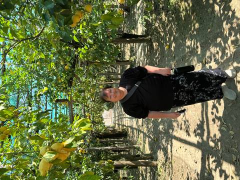 Smiling traveller standing under a shaded tunnel of lemon trees in an orchard.
