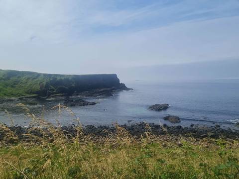 Rocky coastal headland and calm sea viewed over grass and reeds under a hazy blue sky.