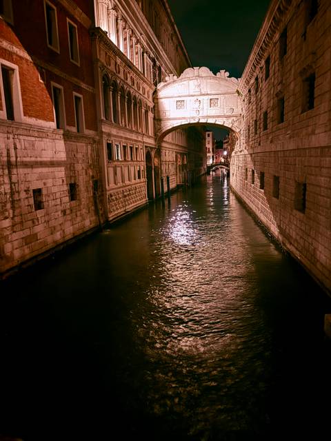 Quiet Venetian canal at night with warm reflections and historic stone walls.